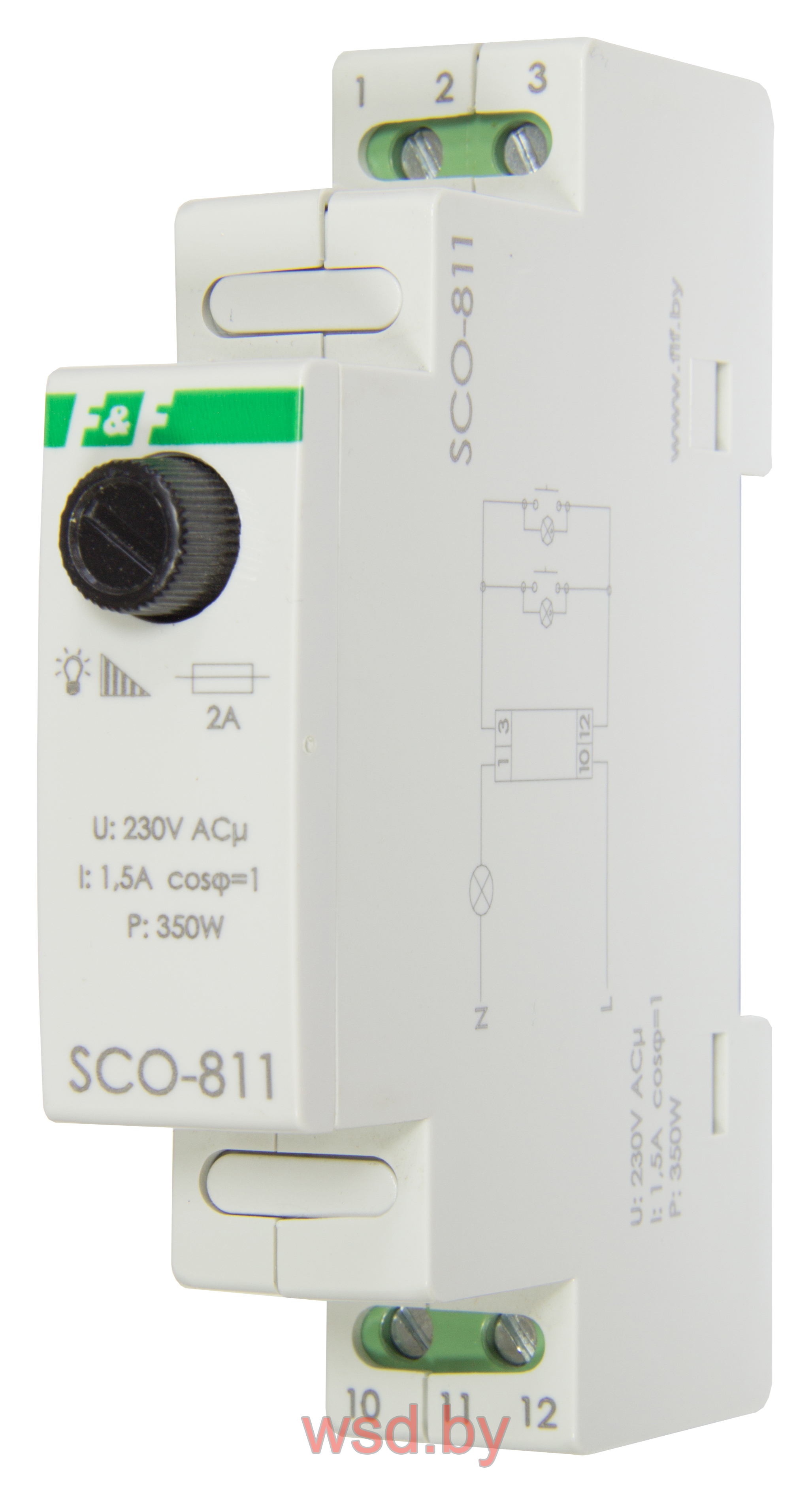 SCO-811 для ламп накаливания мощность до 350Вт, 1 модуль, монтаж на DIN-рейке 230В AC 1,5А IP20